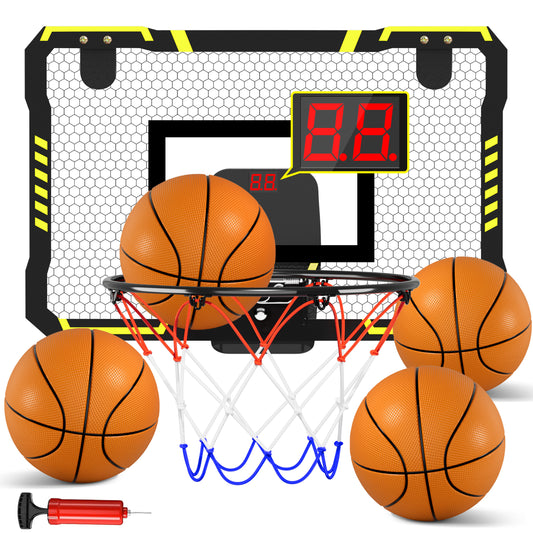 Basketball Hoop Indoor, Mini Basketball Hoop for Kids, Over The Door Basketball Hoop with Electronic Scoreboard & 4 Balls, Basketball Toys for 5+ Years Old Boys Girls